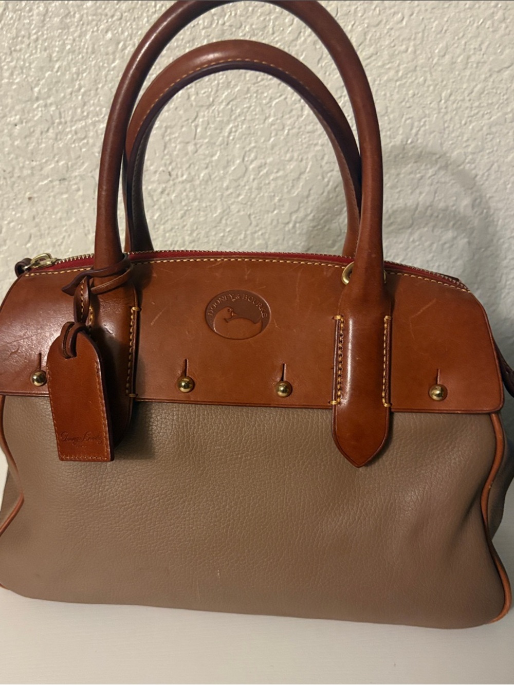 Leather Two-Tone Satchel Bag in Brown and Tan